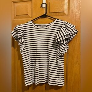 Zara Striped Ruffle Sleeve Blouse in Black and White